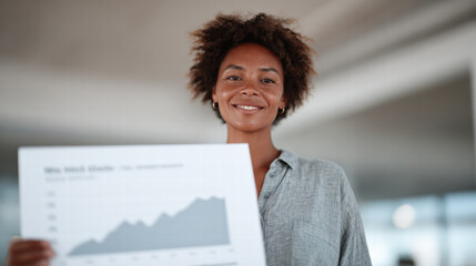 Confident businesswoman presenting sales growth chart in modern office, smiling, success