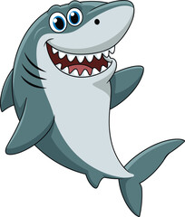 Cartoon shark with friendly smile, big blue eyes, dynamic swimming pose, playful sea animal character, flat vector illustration for kids