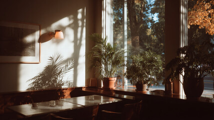 Cozy autumn coffee shop with natural light, indoor plant, wooden table, warm atmosphere