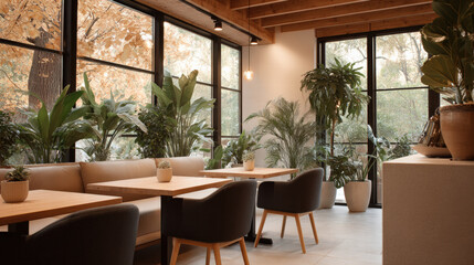 Cozy autumn coffee shop with natural light, indoor plants, wooden tables, and modern chairs