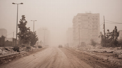 Destroyed urban street dust debris damaged buildings aftermath war desolate somber