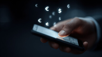 Digital banking transaction via smartphone, hand holding phone, glowing currency symbols