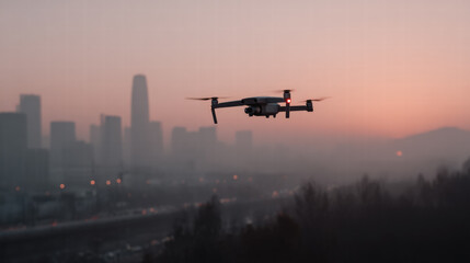 Drone delivery city sunset silhouette flying urban skyline technology transportation