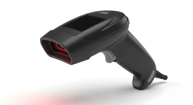 Professional barcode scanner for retail logistics, handheld laser reader for inventory management, black electronic scanning device for warehouse operations isolated PNG with Transparent
