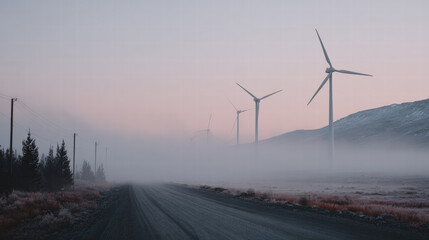 Wind turbine countryside road mist mountain sunrise renewable energy Wind turbine countryside