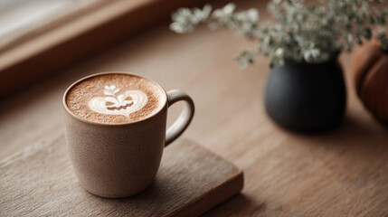 Latte art, pumpkin face, coffee cup, wooden table, cozy autumn morning, warm atmosphere