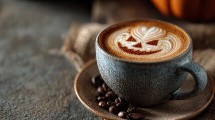 Halloween latte art with pumpkin face, coffee cup, autumn mood, cozy, rustic background