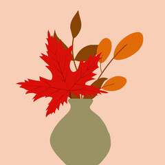 Autumn vase with red maple leaf and orange foliage minimalist decoration on soft pastel background