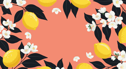 Lemon and jasmine floral pattern on coral background.