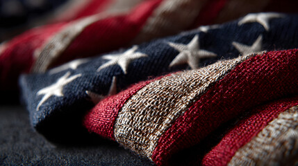 Closeup of folded American flag fabric with stars and stripes symbolizing patriotism national pride freedom and honor to the United States of America

