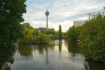 Schwanenspiegel lake and televison tower in Dusseldorf