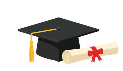 Graduation cap and diploma scroll tied with a red ribbon, symbolizing academic achievement and educational success.