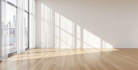 Obraz premium Bright modern empty apartment interior with large windows, city view and wood flooring illuminated by natural sunlight through sheer curtains. Ai generative