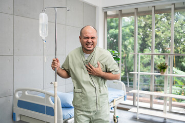 Confident patient stands beside hospital bed, posing in various poses, smiling warmly in gown, showing strength and positivity during recovery in bright and peaceful ward.