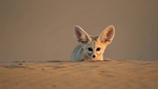 Fennec Fox Peeking from Sand Dune in the Desert.