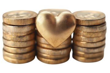 A shiny golden heart is centered between three prominent stacks of gold colored coins on a dark background