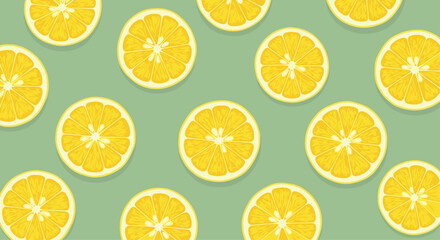 A refreshing pattern of thinly sliced yellow oranges on a pastel green background.