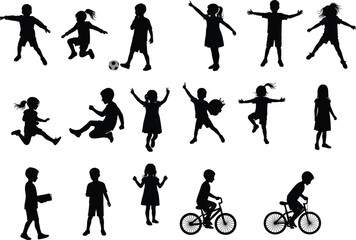 Silhouettes of active children playing, running, cycling, jumping, and posing in various outdoor activities isolated on white background vector