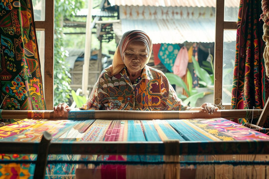 Timeless art: Southeast Asian woman weaving traditional textiles with carefulness