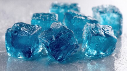 Obraz premium Glossy blue ice cubes rest on a shiny surface reflecting light and glistening with water droplets creating a cool and refreshing visual display in a kitchen setting.