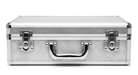 Fototapeta premium Closed silver aluminum briefcase, portable security container, or professional storage case isolated PNG with Transparent Background