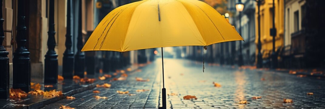 Vibrant yellow umbrella brightens a rainy city street during picturesque autumn season