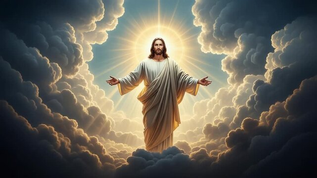 Heavenly Jesus Christ portrait with a divine figure in white robe and open arms. Jesus Christ in serene and powerful pose emerges from bright clouds with faith and hope.