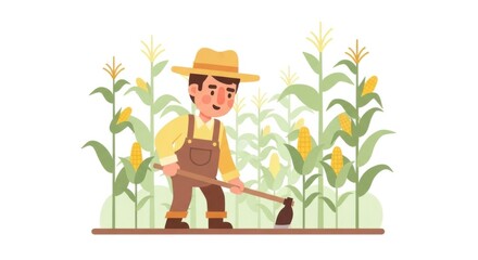 Farmer tending to cornfield with hoe in agricultural scene.