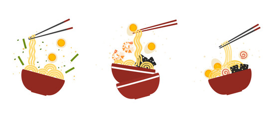 Flat vector illustration of a bowl of ramen with noodles, shrimp, egg, seaweed, and various toppings. Suitable for Asian food design, Japanese cuisine, restaurant menu, branding, or food project.
