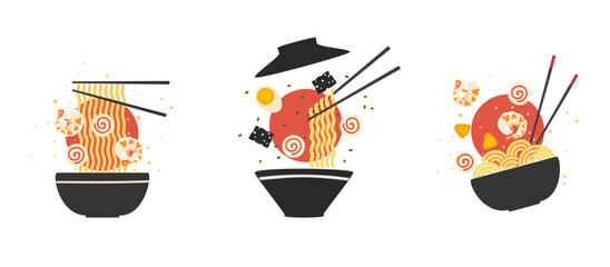 Flat vector illustration of a bowl of ramen with noodles, shrimp, egg, seaweed, and various toppings. Suitable for Asian food design, Japanese cuisine, restaurant menu, branding, or food project.
