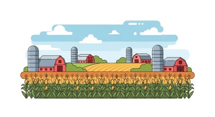 Modern flat vector illustration of a countryside farm landscape with barns and fields.