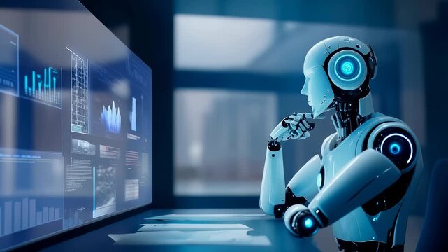 Humanoid robot with glowing blue interface sits at digital workstation, examining holographic screens with complex data visualizations in dark technological environment.