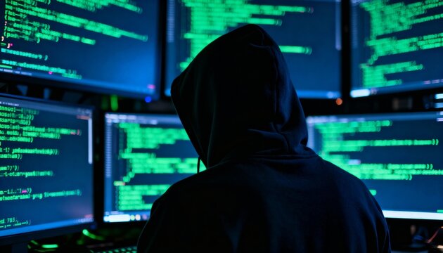 Hacker silhouette in dark hoodie in front of multiple computer screens with code, cyber attack concept