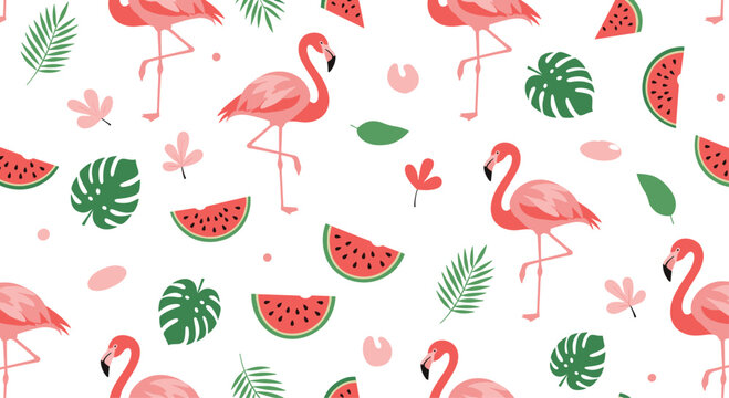 A delightful pattern featuring pink flamingos and sliced watermelons.
