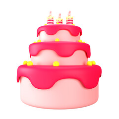 Three Tiered Birthday Cake with Pink Icing and Lit Candles Isolated on Transparent Background