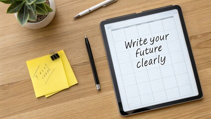 Digital tablet displays message write your future clearly on desk