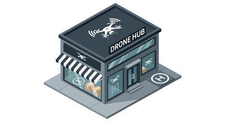 Isometric illustration of a drone store building with a helipad and striped awning.