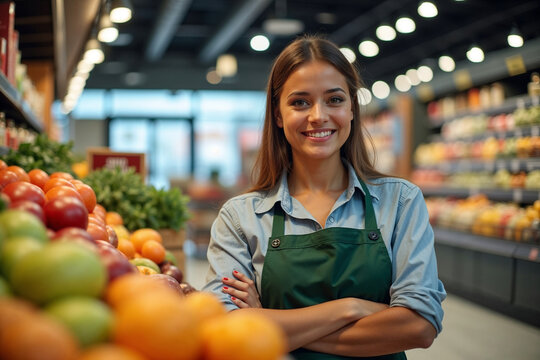 Smiling Female Grocery Store Employee with Apron in Produce Aisle - Powered by Adobe