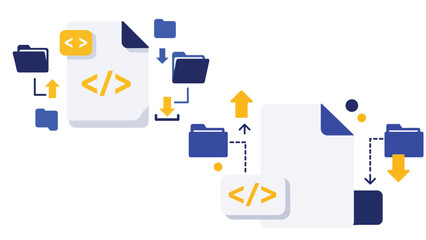 Document icon with code symbol and digital file exchange concept_2 style variations
