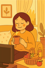 Girl drinking tea while watching TV at home,