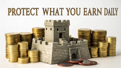 Small fortress with stacks of coins representing financial security