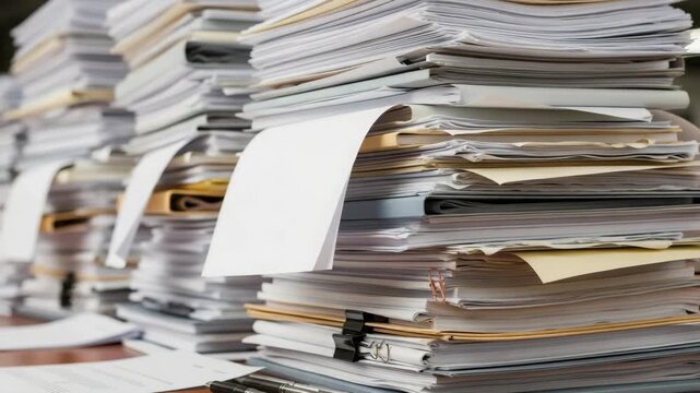 Overwhelmed with paperwork showing huge stack of documents, an overwhelming paperwork workload. Overwhelming paperwork including legal contracts, annual reports,