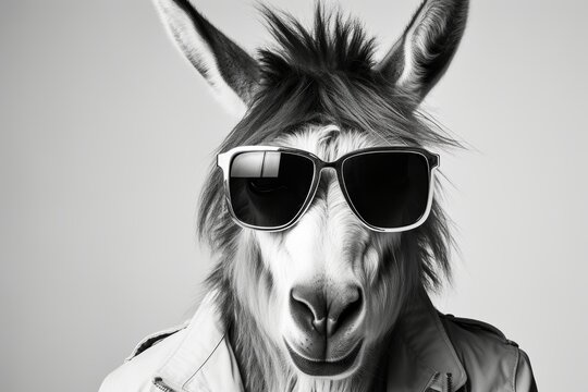 Close up of a fashionable donkey wearing glasses on a clean background with space for text