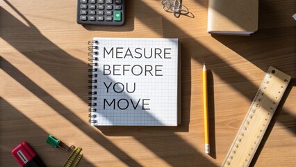 Notebook with measure before you move quote on a wooden desk