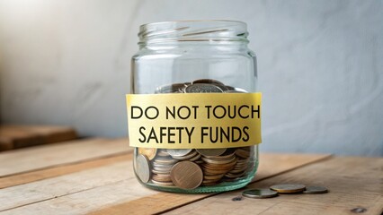 Glass jar filled with coins labeled do not touch safety funds