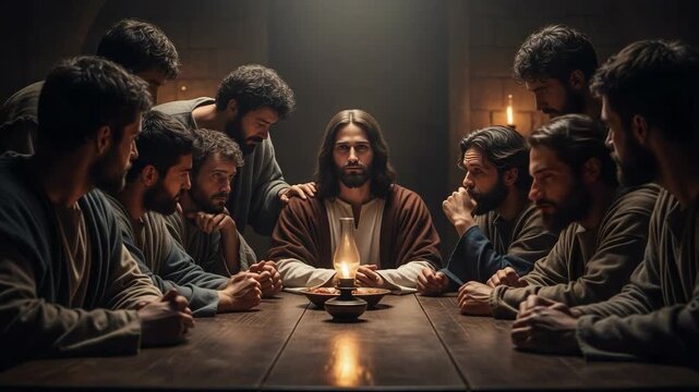 Last supper depiction showing Jesus Christ with his disciples at wooden table in dimly lit room, illustrating religious moment.