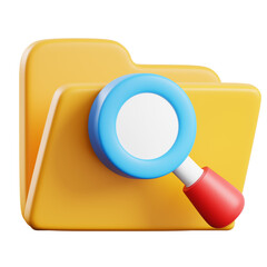 Three Dimensional Yellow Folder with Blue Magnifying Glass on Transparent Background