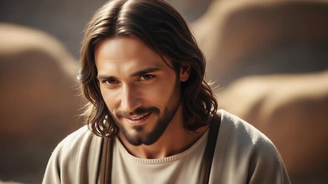 Jesus Christ portrait with a kind expression, highlighting his gentle and benevolent nature. Image depicts Jesus with soft, approachable features, embodying his message of love and compassion.