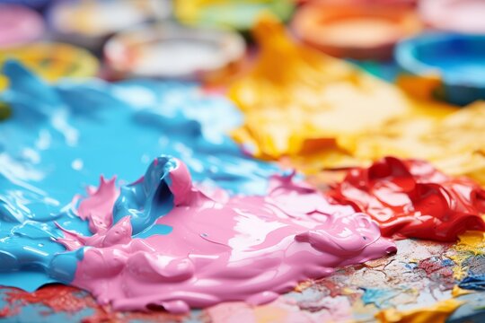 Vivid gouache circle and brush in minimalist close up composition highlighting artistic texture