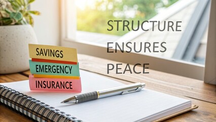 Notebook with colored tabs and pen on desk